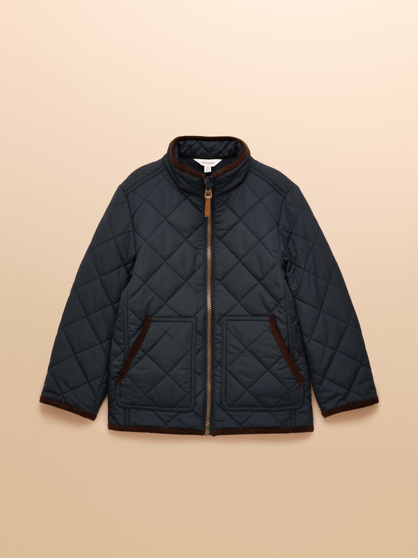 Quilted jacket with brown accents on a beige background