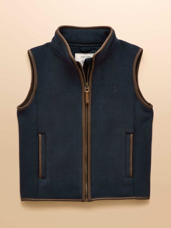 Navy blue vest with brown trim on a beige background