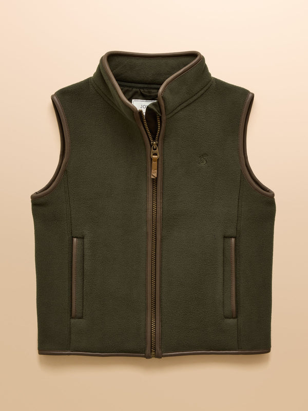 Green vest with brown trim on a beige background