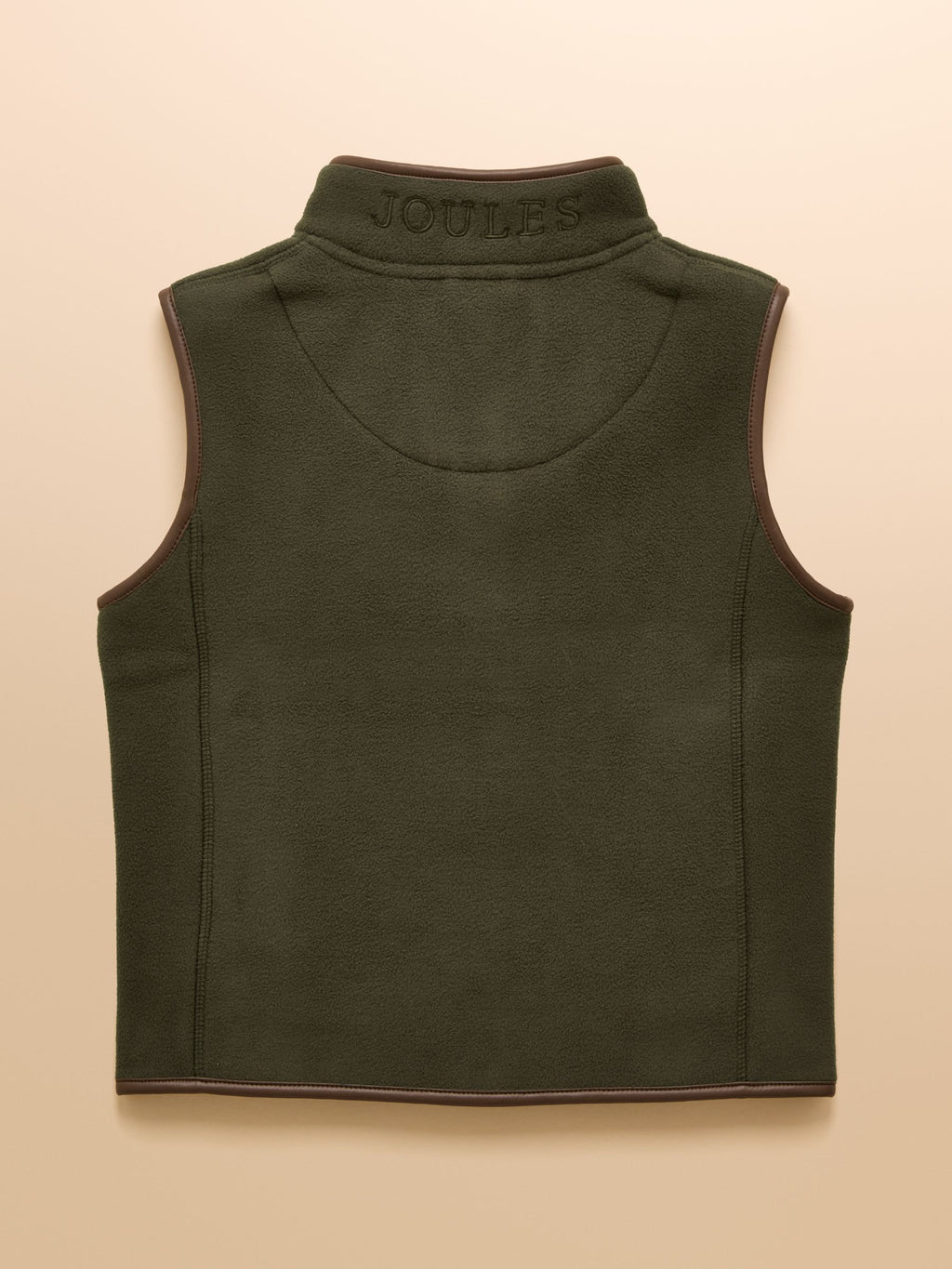 Green sleeveless vest with 'Joules' branding on a beige background