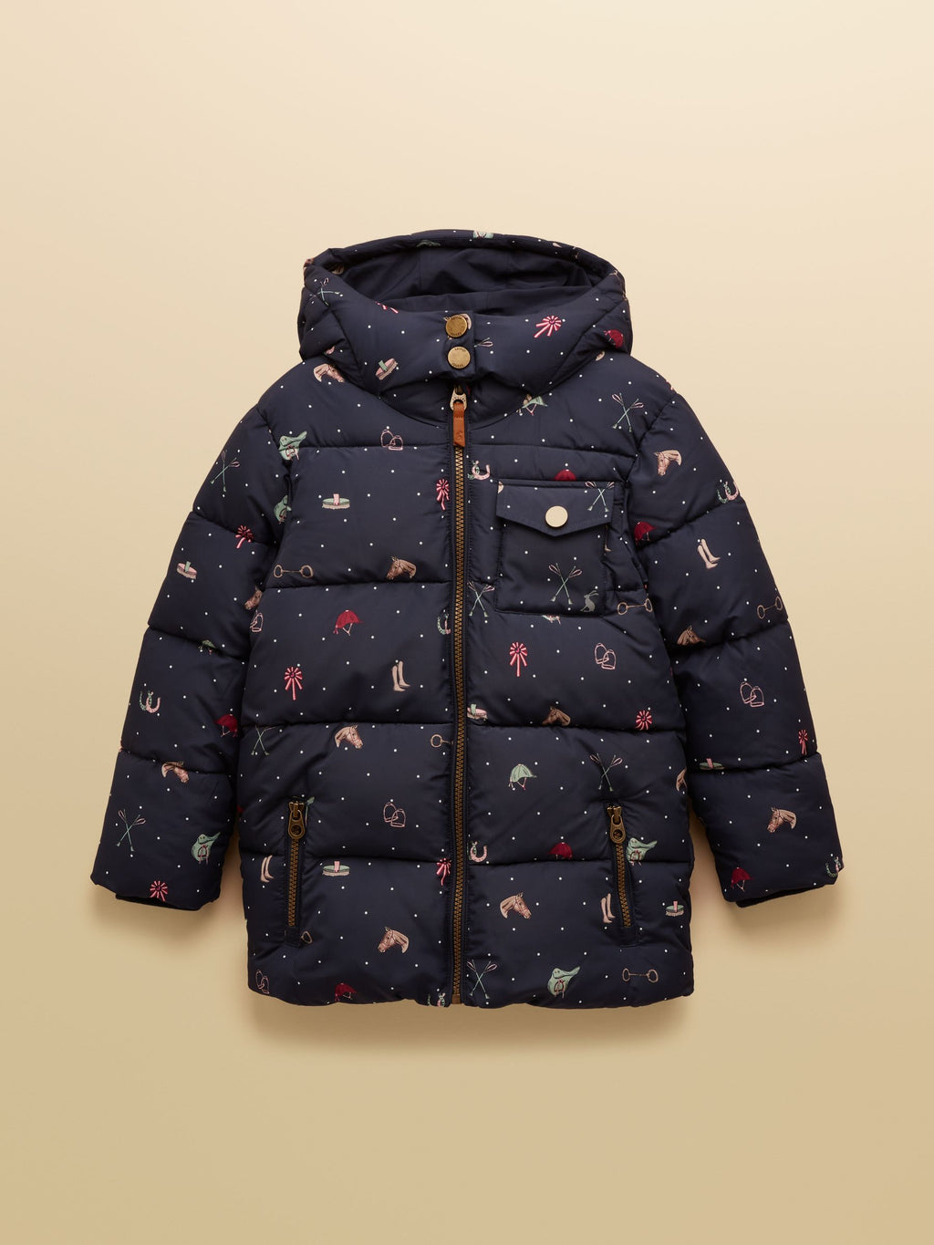 Navy blue puffer jacket with animal pattern on a beige background