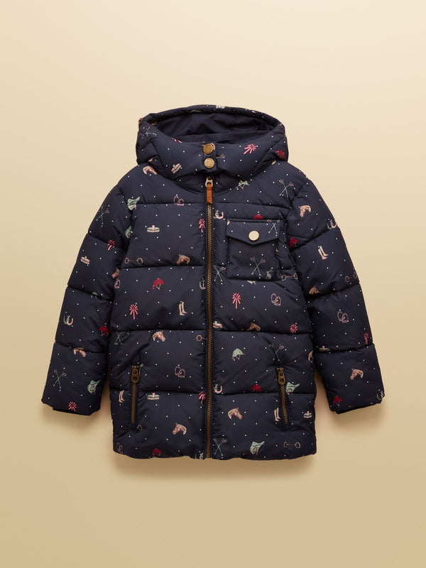 Navy blue puffer jacket with animal pattern on a beige background