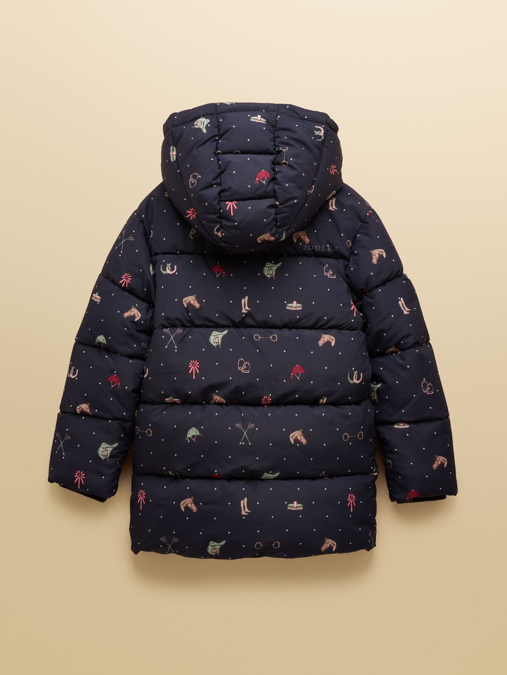 Navy blue puffer jacket with colorful patterns on a beige background