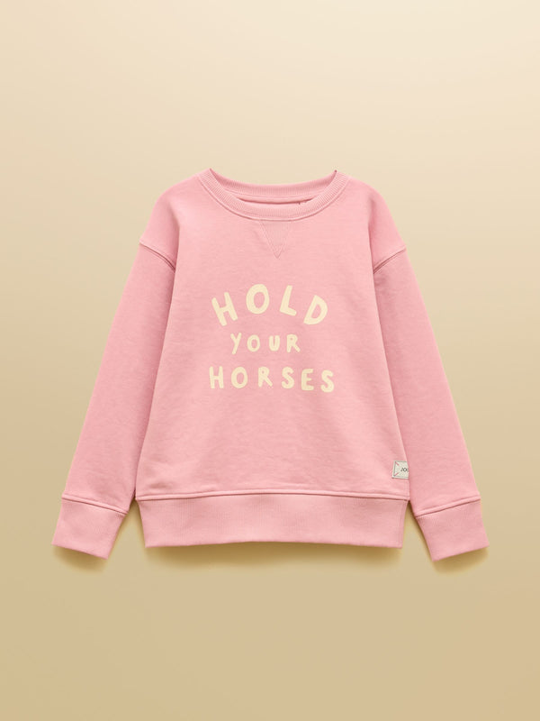 Pink sweatshirt with 'Hold Your Horses' text on a beige background