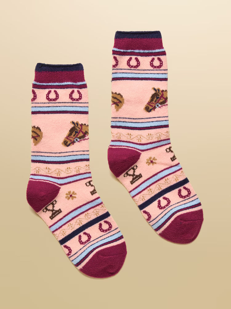 Pair of socks with horse and floral pattern on a beige background