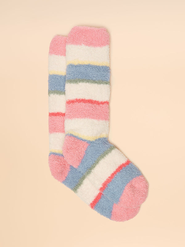 Multicolored striped sock on a beige background