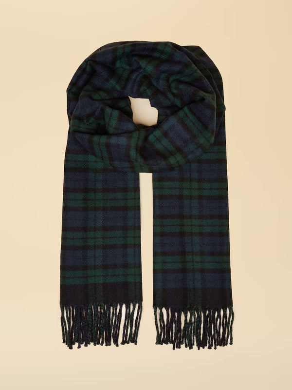 Plaid scarf with fringes on a beige background