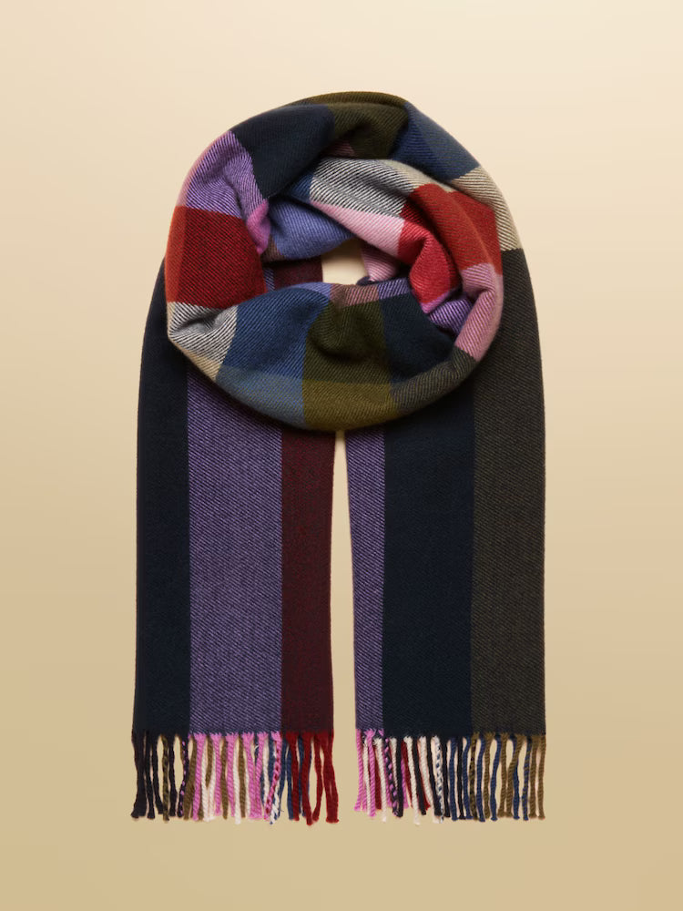 Multicolored scarf with a checkered pattern on a beige background