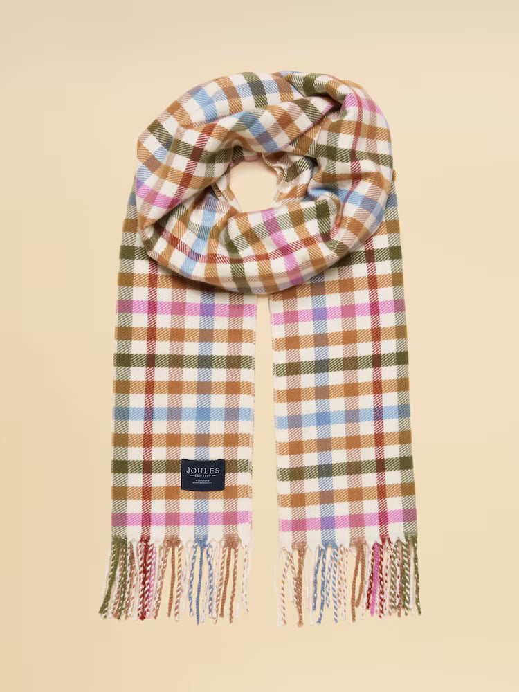 Plaid scarf with fringes on a beige background