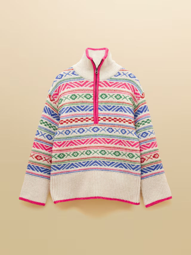 Colorful patterned sweater with a half-zip design on a beige background