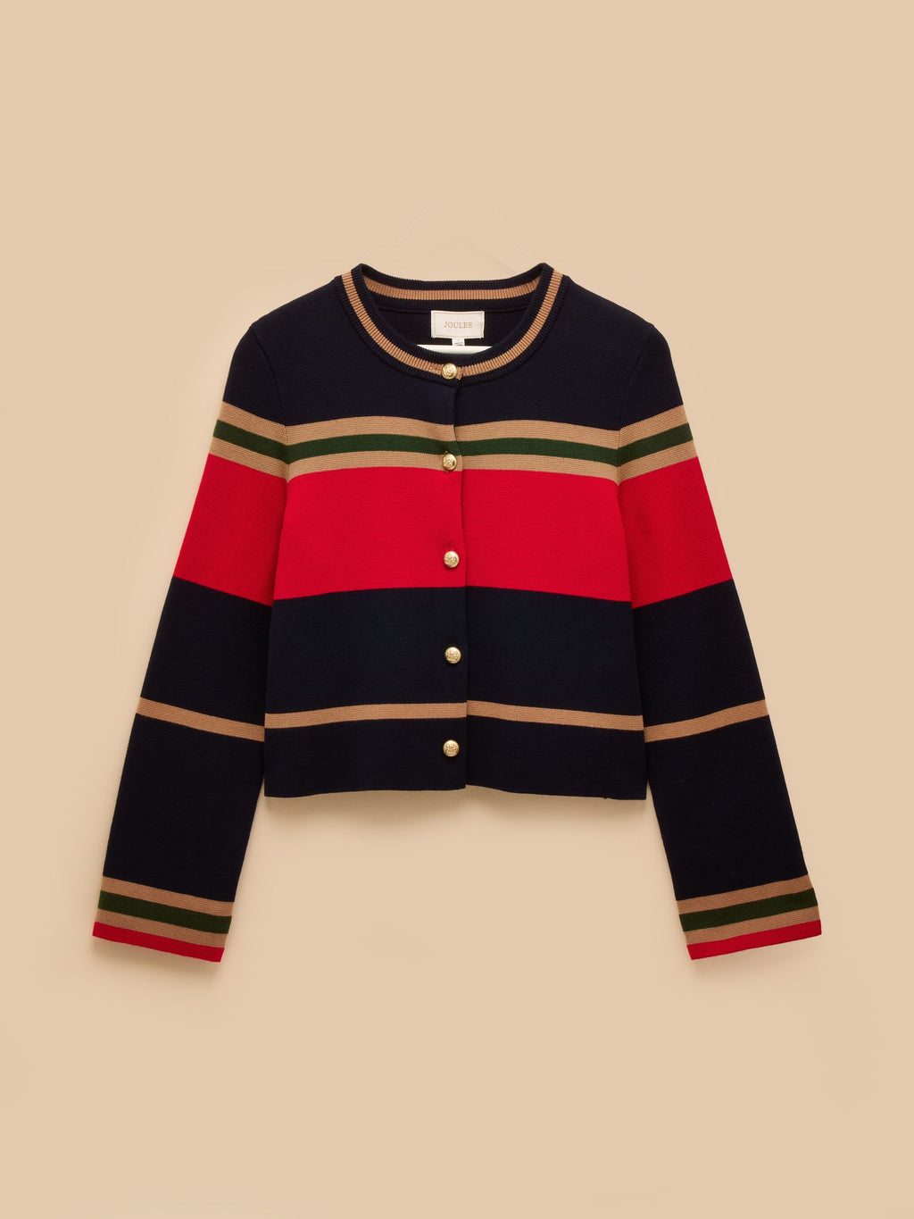 Striped cardigan with red, black, and beige colors on a beige background