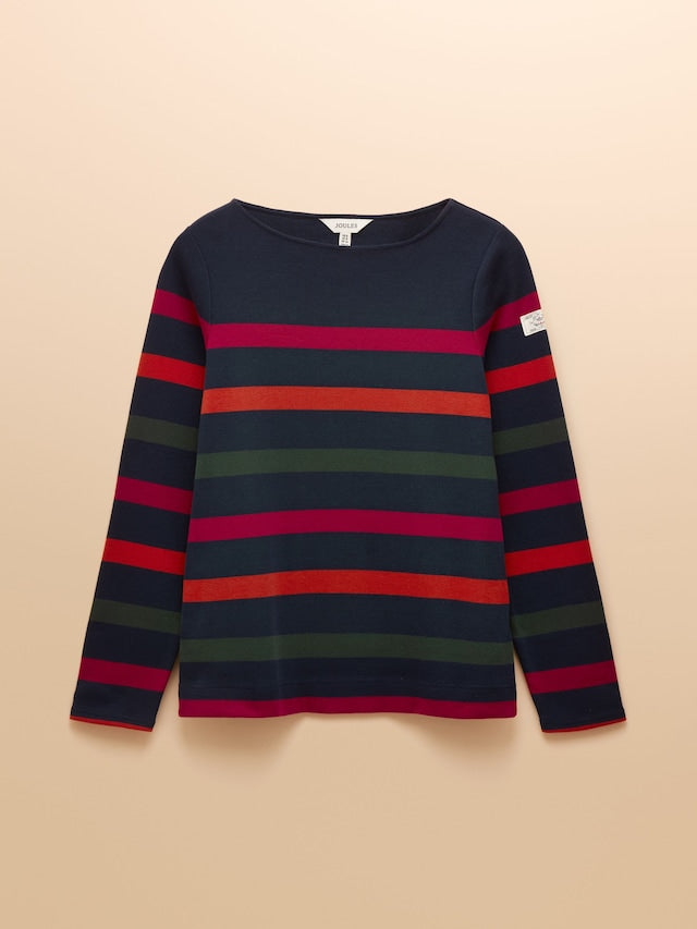 Striped sweater with red, green, and navy colors on a beige background