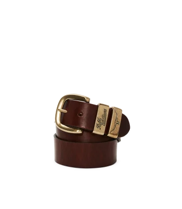 Brown leather belt with gold buckle on a white background