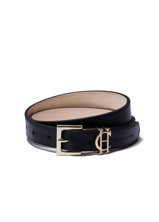 Black leather belt with gold buckle on a white background