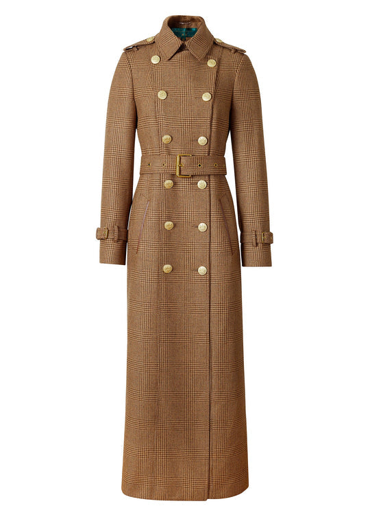Brown houndstooth patterned trench coat with gold buttons on a white background