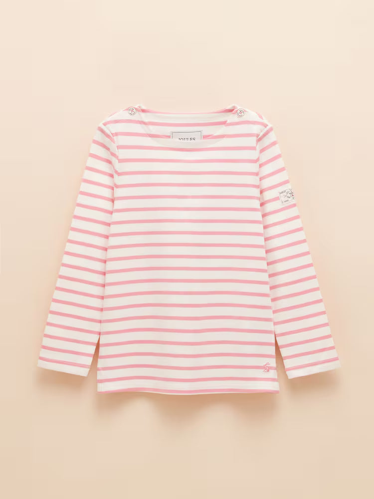 A children's sized pink and white striped long sleeve top on a yellow background