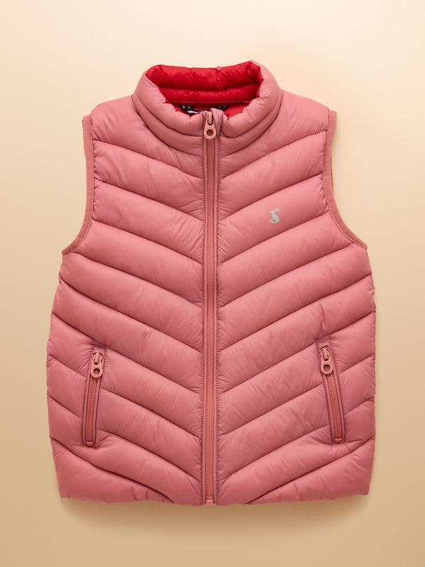 Pink puffer vest with a brand logo on a beige background