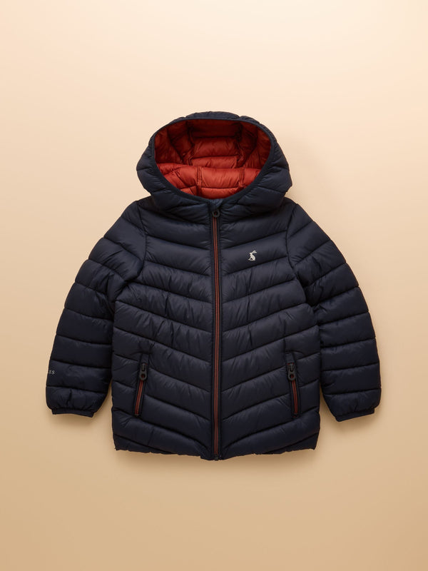 Black puffer jacket with red interior on a beige background