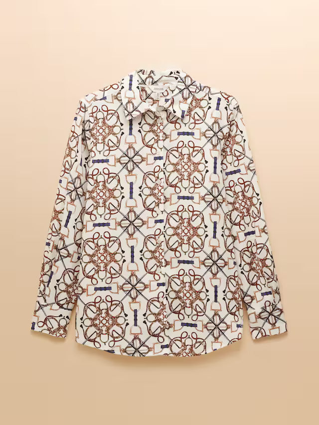 Long-sleeve shirt with a geometric pattern on a beige background