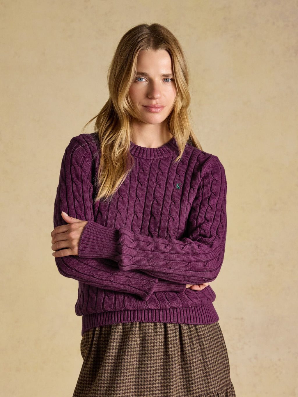 Joules Purple Berry Classic Crew Neck Cotton Cable Knit Jumper