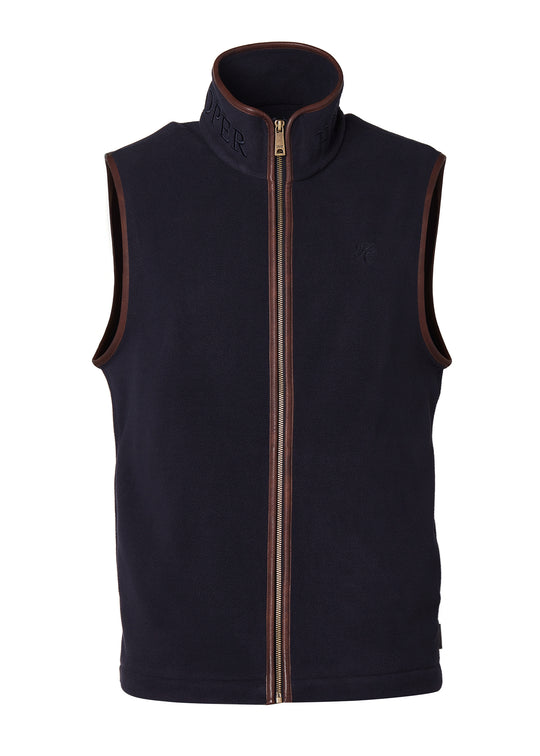 Black vest with brown trim on a white background