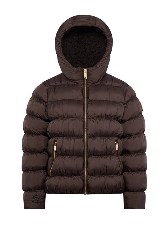 Brown puffer jacket with a hood on a white background