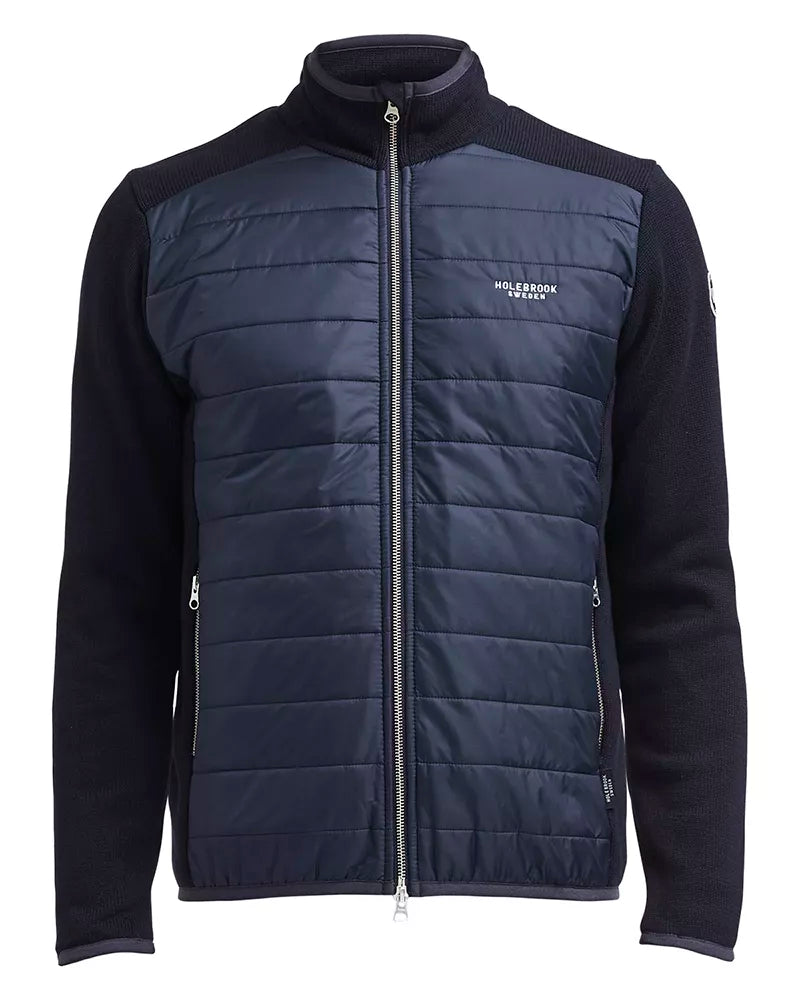 Navy quilted jacket with a visible brand logo on a white background