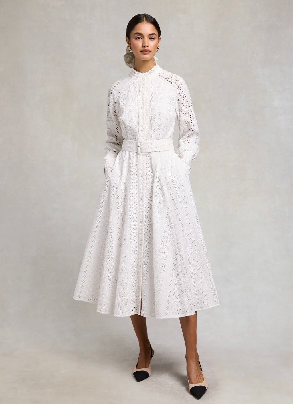 Holland Cooper Aimee Collarless Broderie Dress White