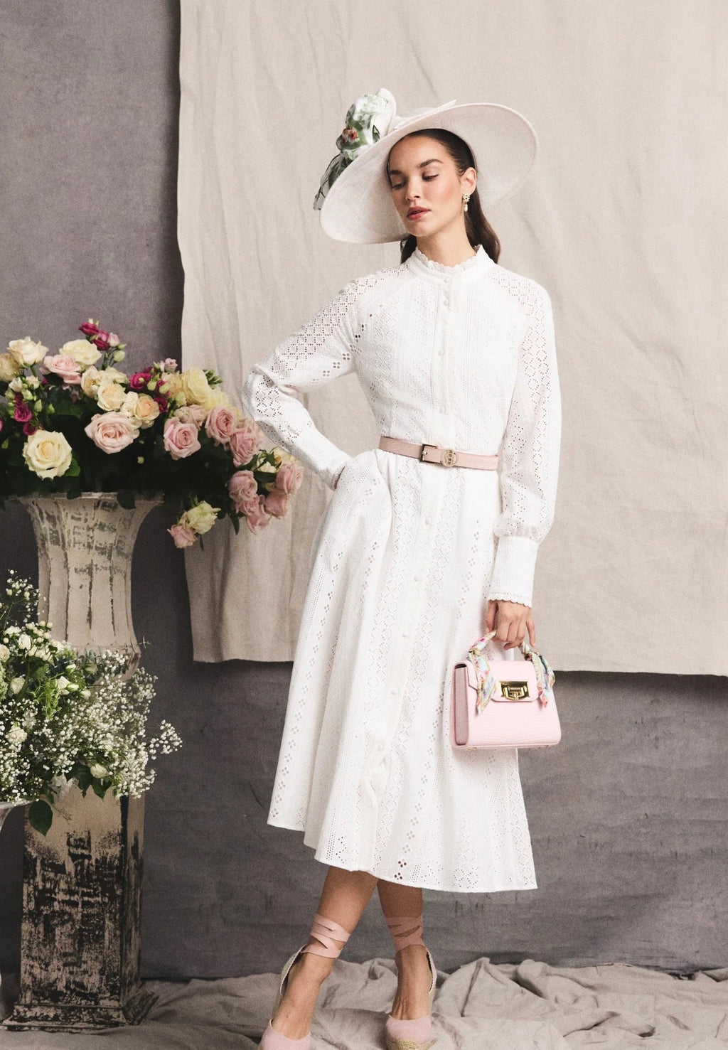Holland Cooper Aimee Collarless Broderie Dress White
