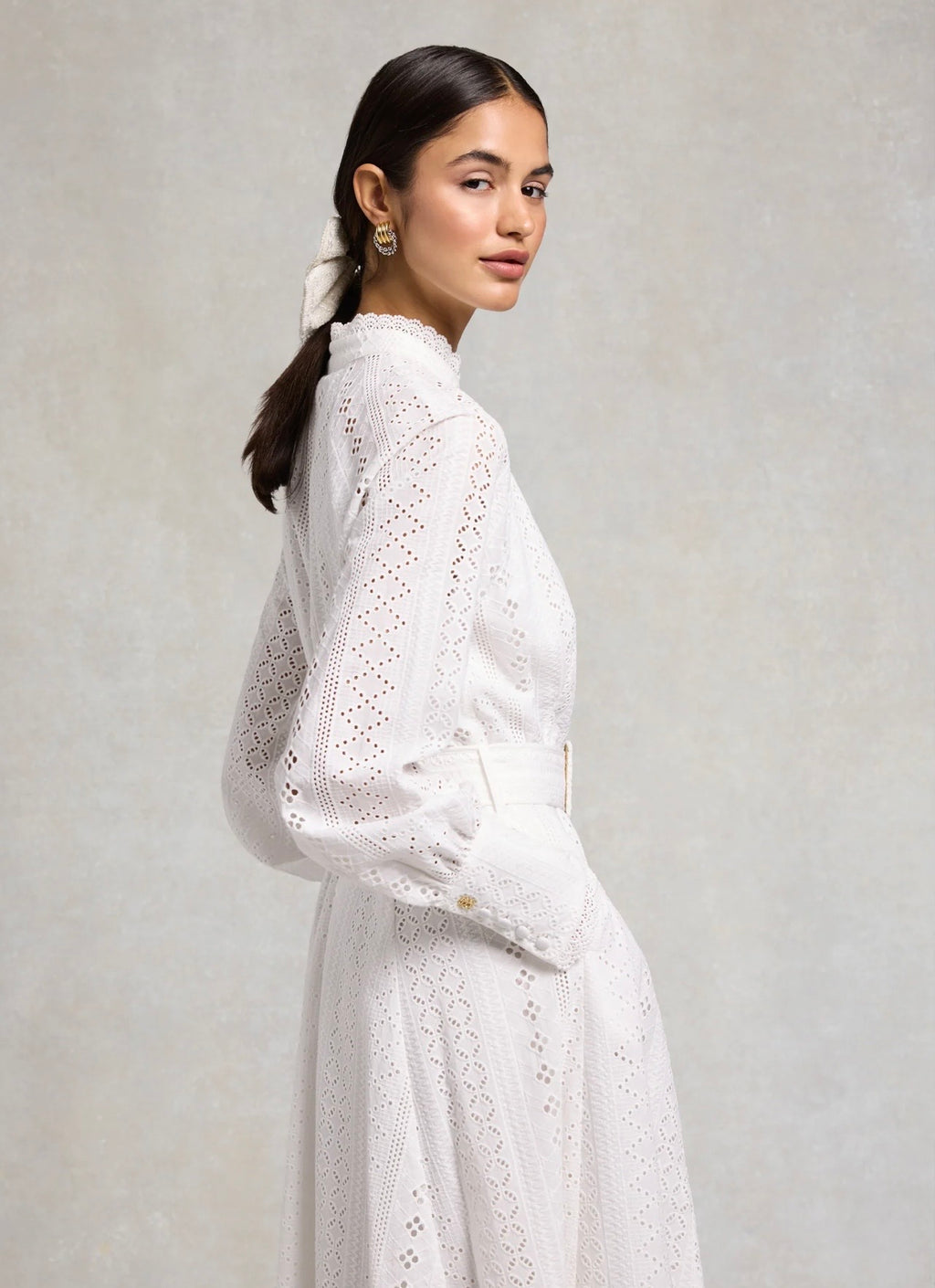 Holland Cooper Aimee Collarless Broderie Dress White