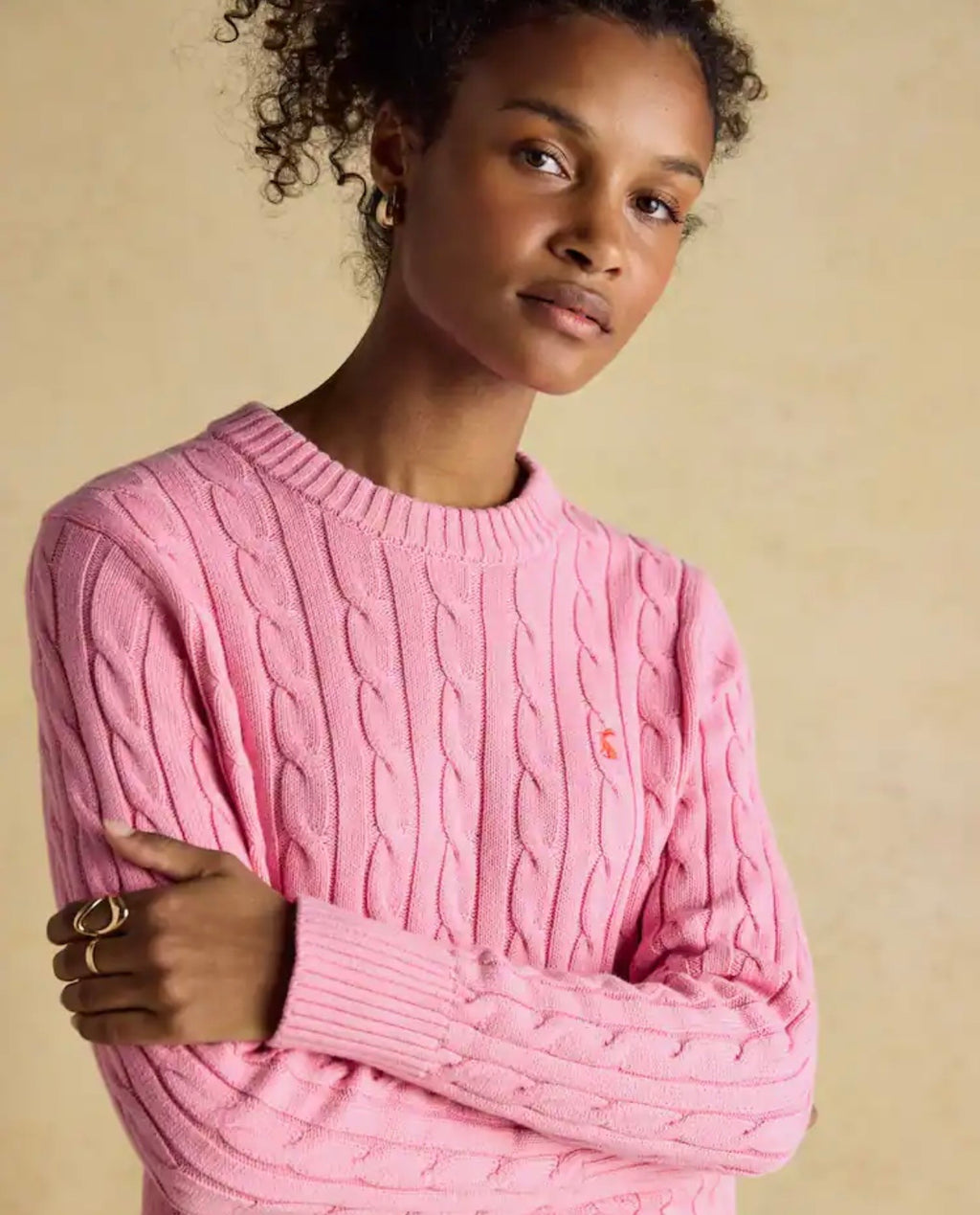 Joules Pink Classic Crew Neck Cotton Cable Knit Jumper