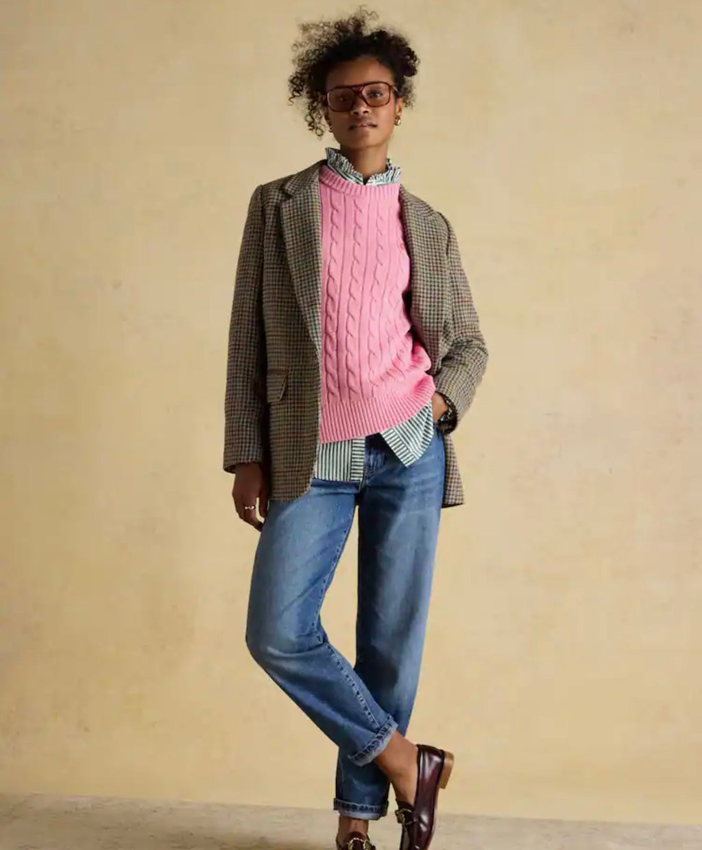 Joules Pink Classic Crew Neck Cotton Cable Knit Jumper