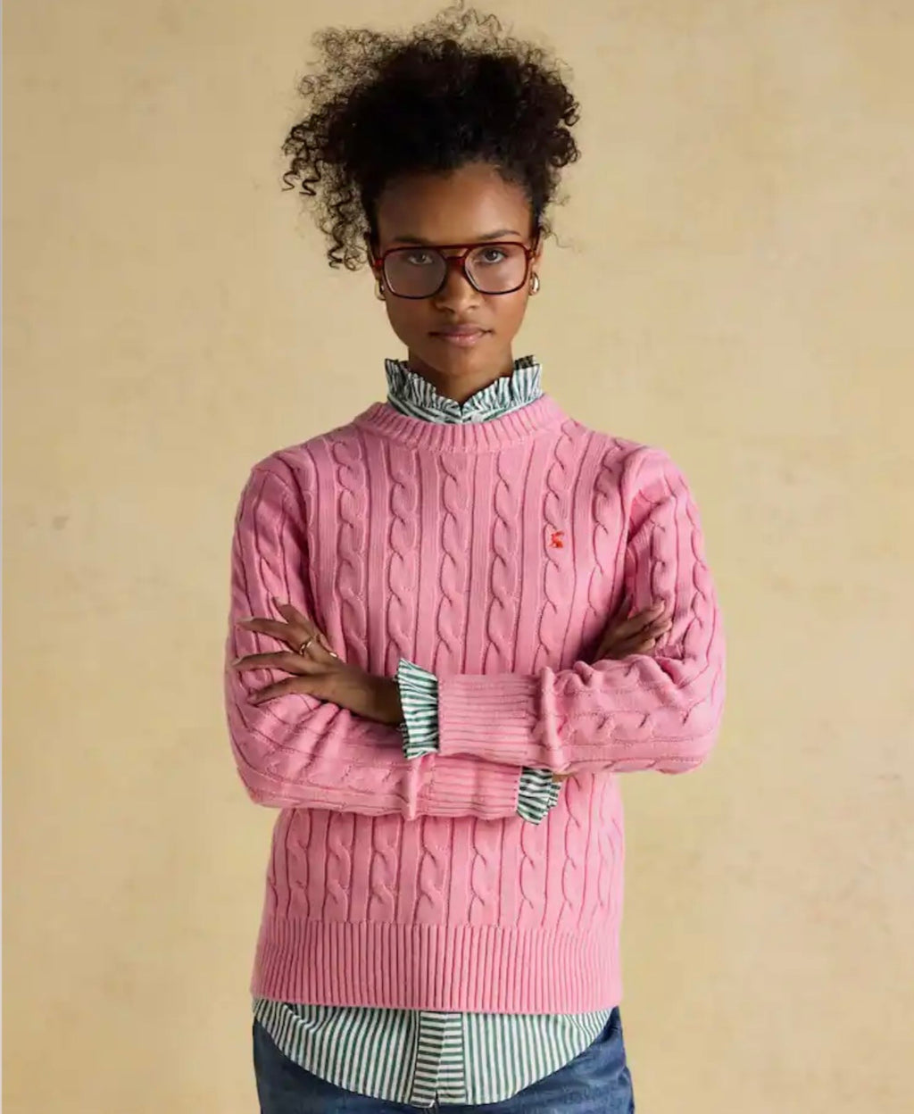 Joules Pink Classic Crew Neck Cotton Cable Knit Jumper