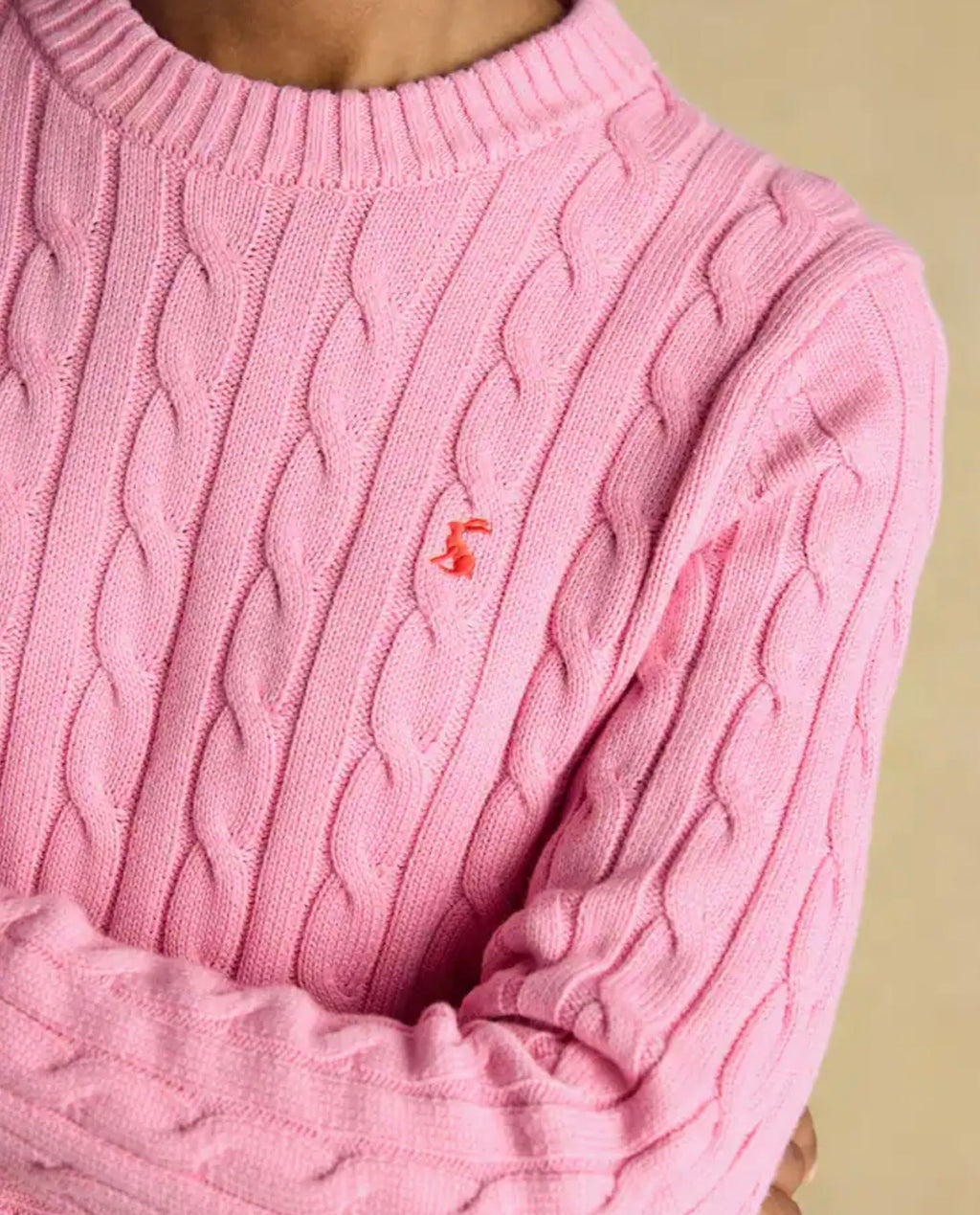 Joules Pink Classic Crew Neck Cotton Cable Knit Jumper