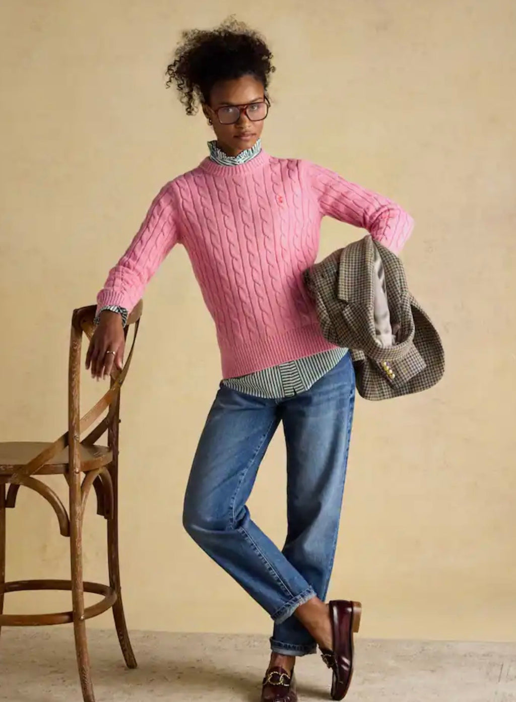 Joules Pink Classic Crew Neck Cotton Cable Knit Jumper