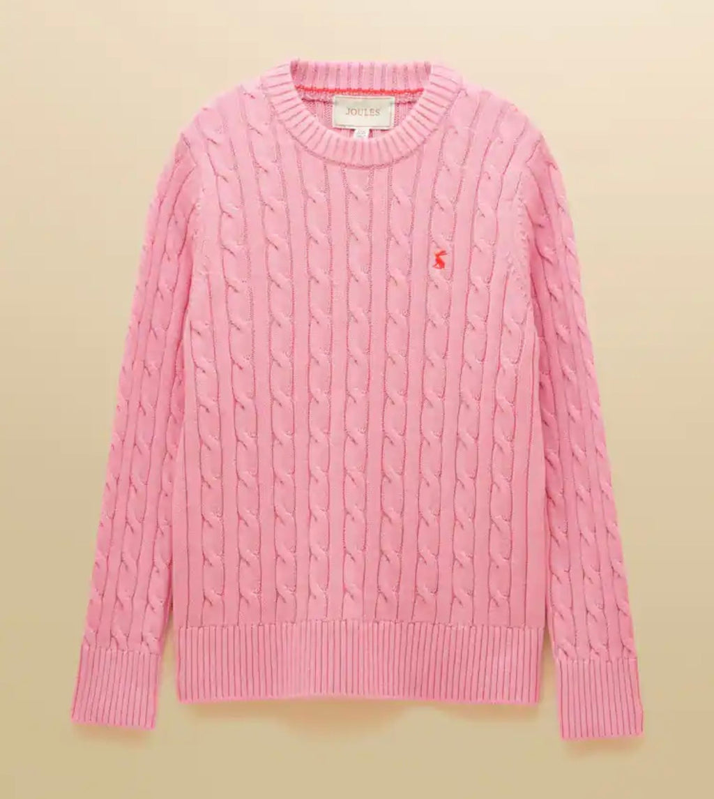 Joules Pink Classic Crew Neck Cotton Cable Knit Jumper