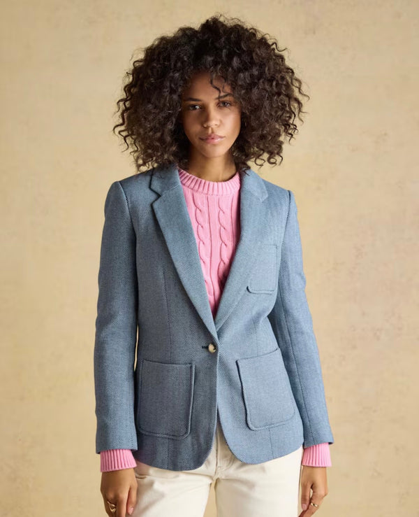 Joules Albury Blue Herringbone Jersey Tweed Blazer