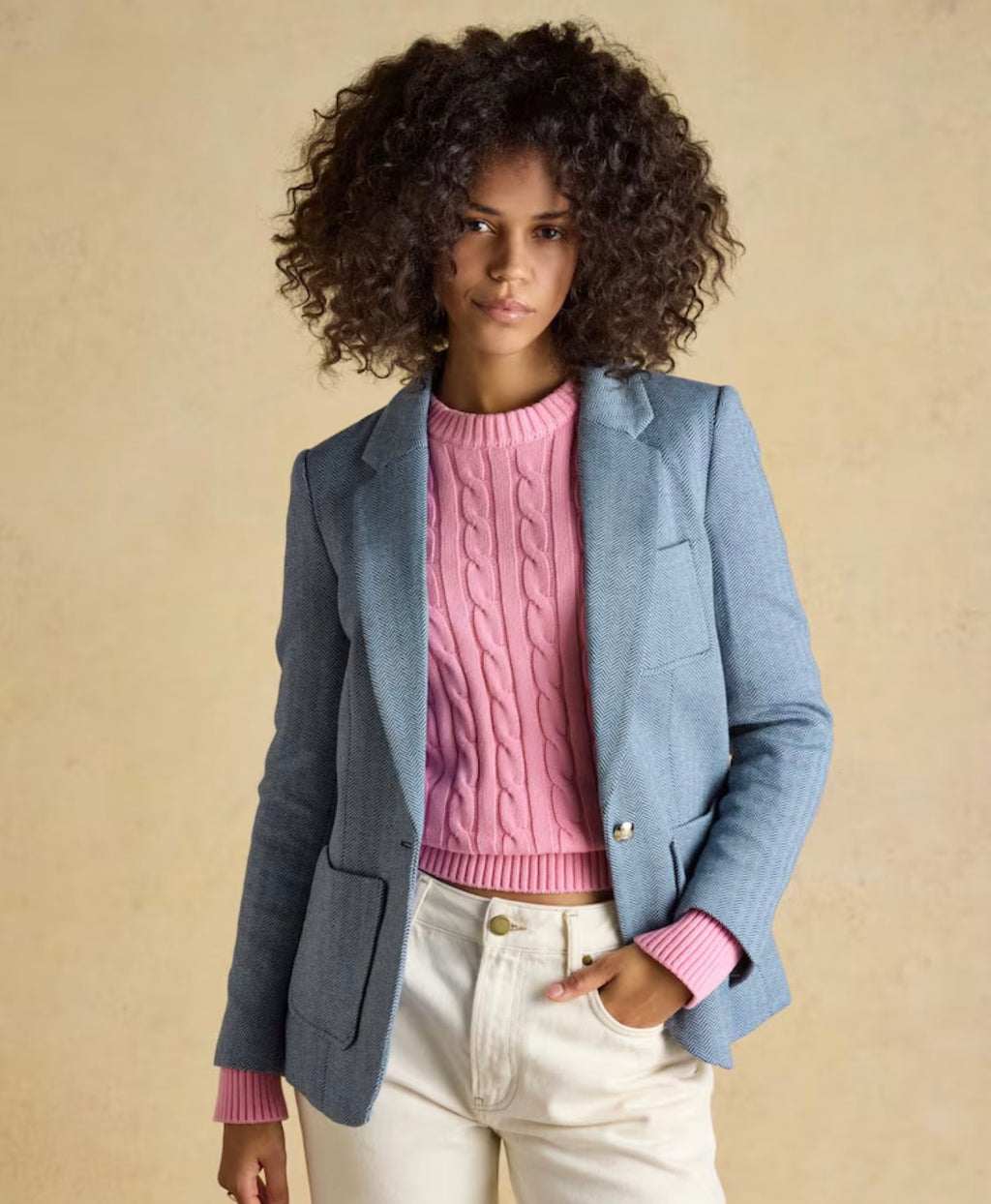 Joules Albury Blue Herringbone Jersey Tweed Blazer