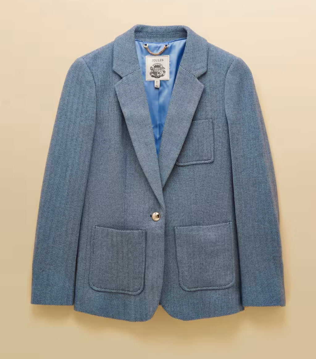 Joules Albury Blue Herringbone Jersey Tweed Blazer