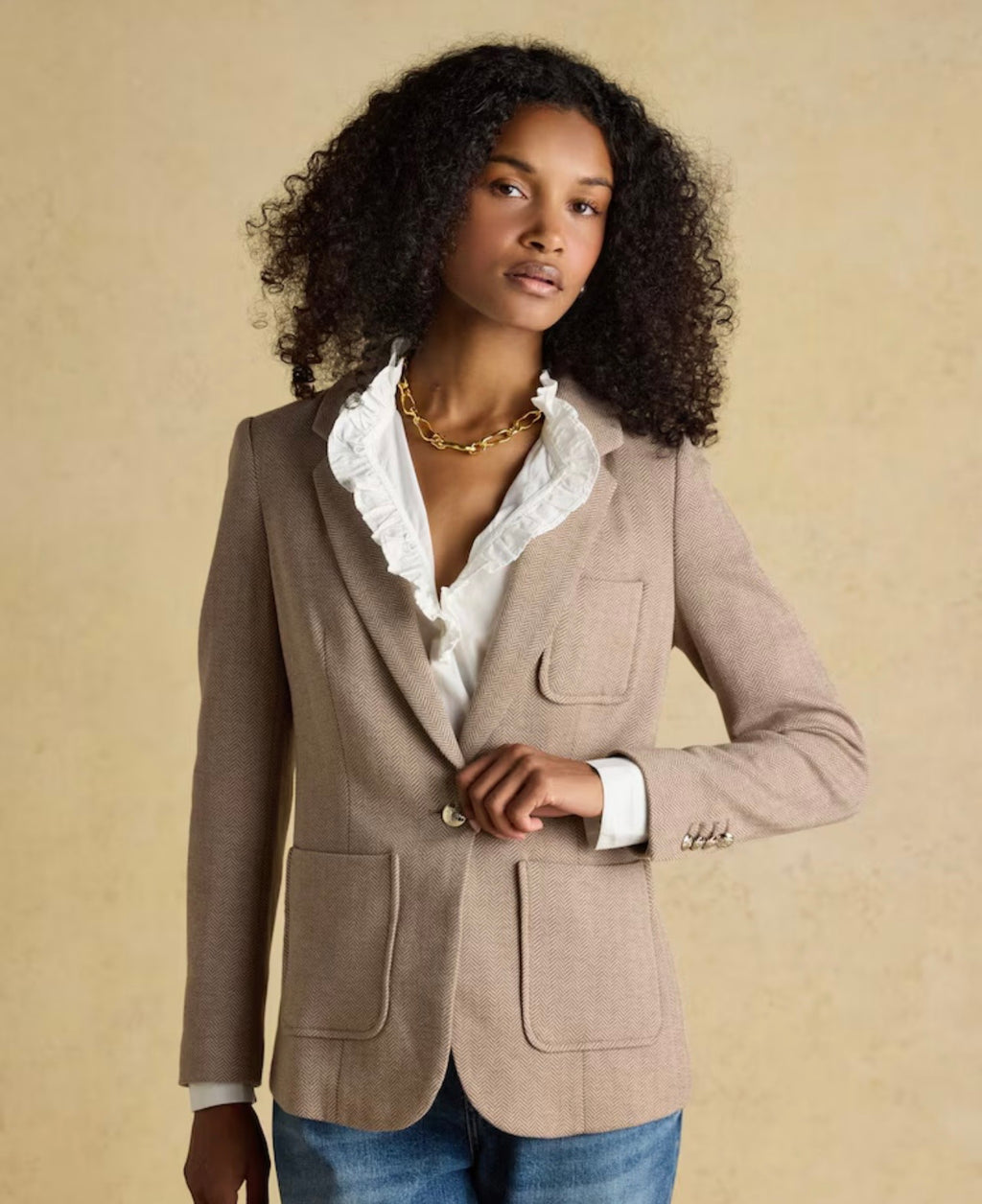 Joules Albury Tan Brown Herringbone Jersey Tweed Blazer