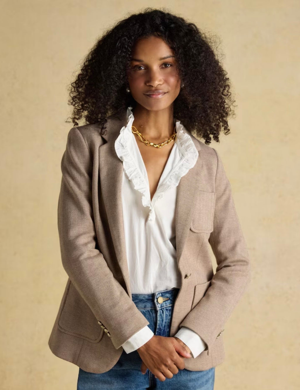 Joules Albury Tan Brown Herringbone Jersey Tweed Blazer