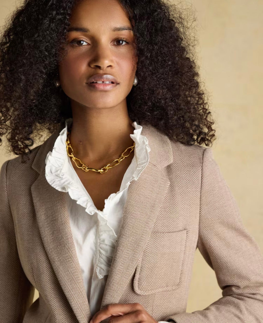 Joules Albury Tan Brown Herringbone Jersey Tweed Blazer