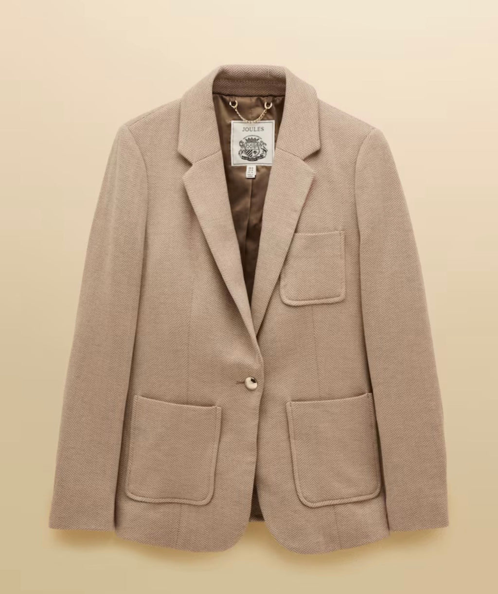 Joules Albury Tan Brown Herringbone Jersey Tweed Blazer