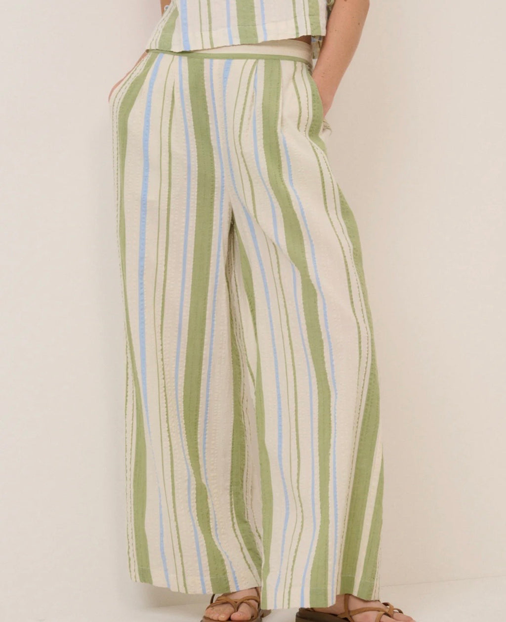 Nobody's Child Green and Blue Striped Wide Leg Parker Trousers