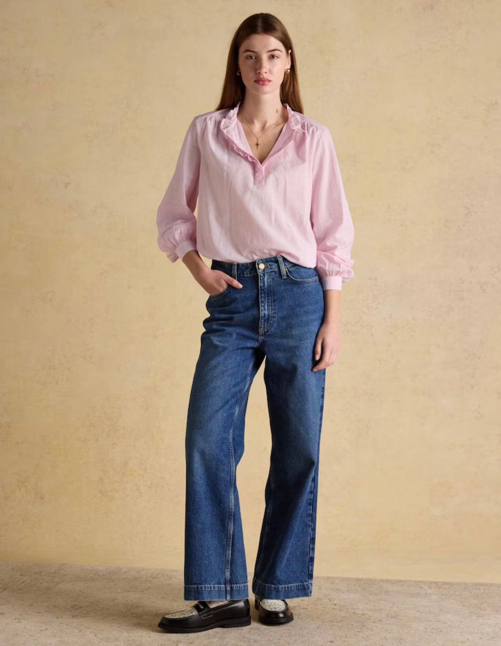 Joules Melanie Pink Long Sleeve Blouse with Ruffle Neck