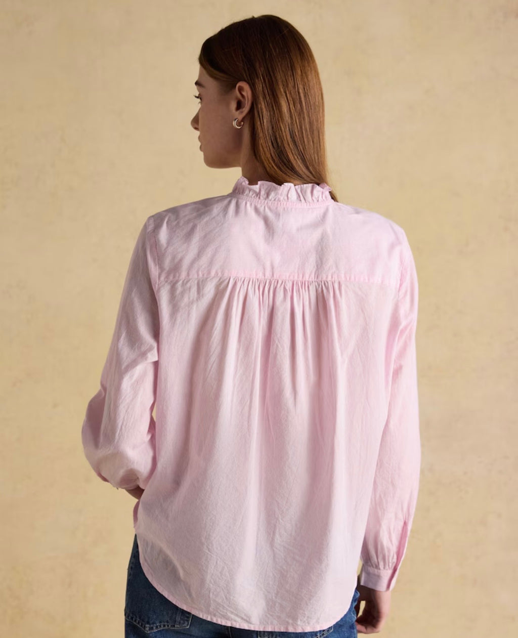 Joules Melanie Pink Long Sleeve Blouse with Ruffle Neck