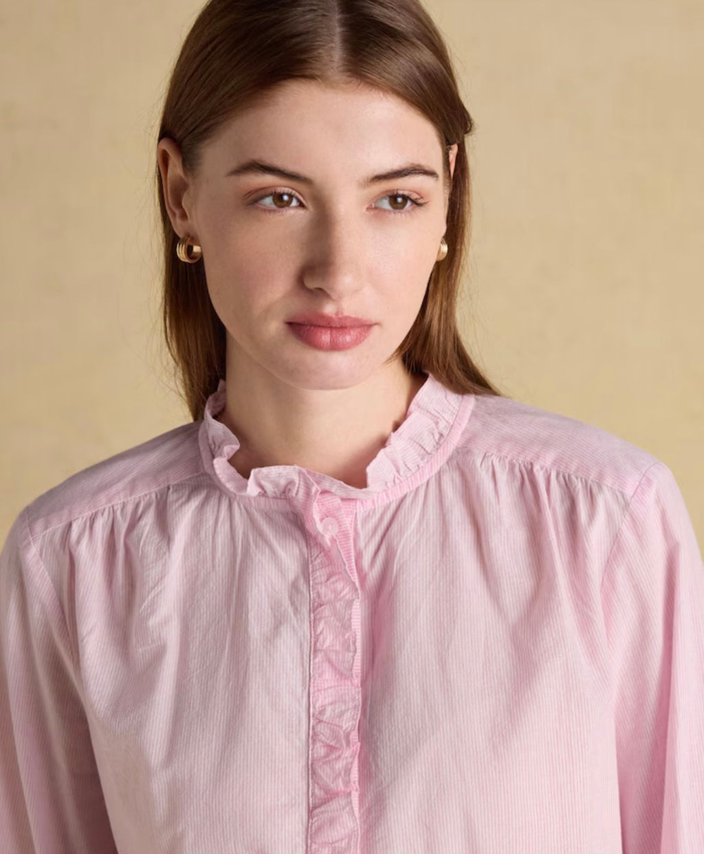 Joules Melanie Pink Long Sleeve Blouse with Ruffle Neck