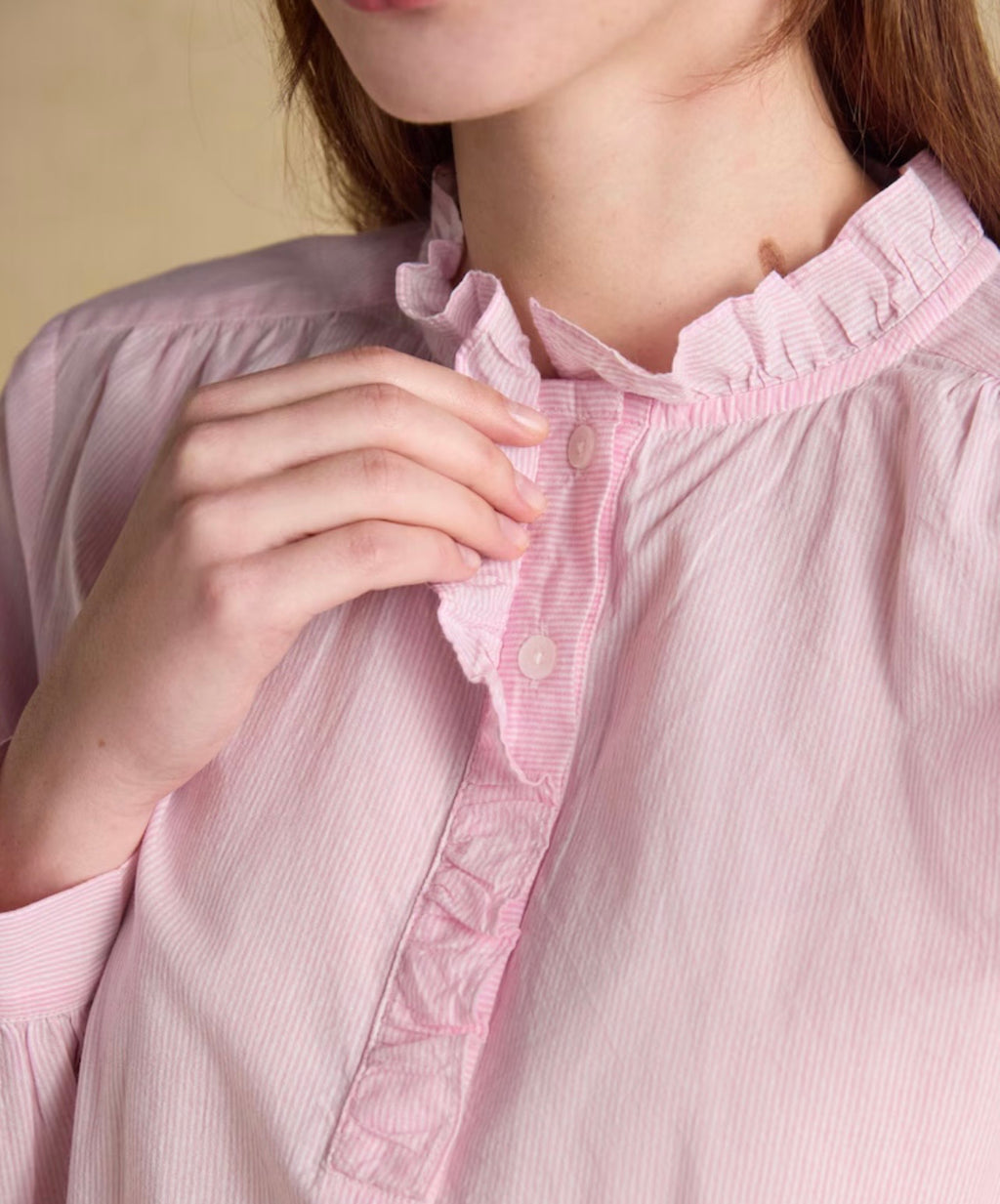 Joules Melanie Pink Long Sleeve Blouse with Ruffle Neck