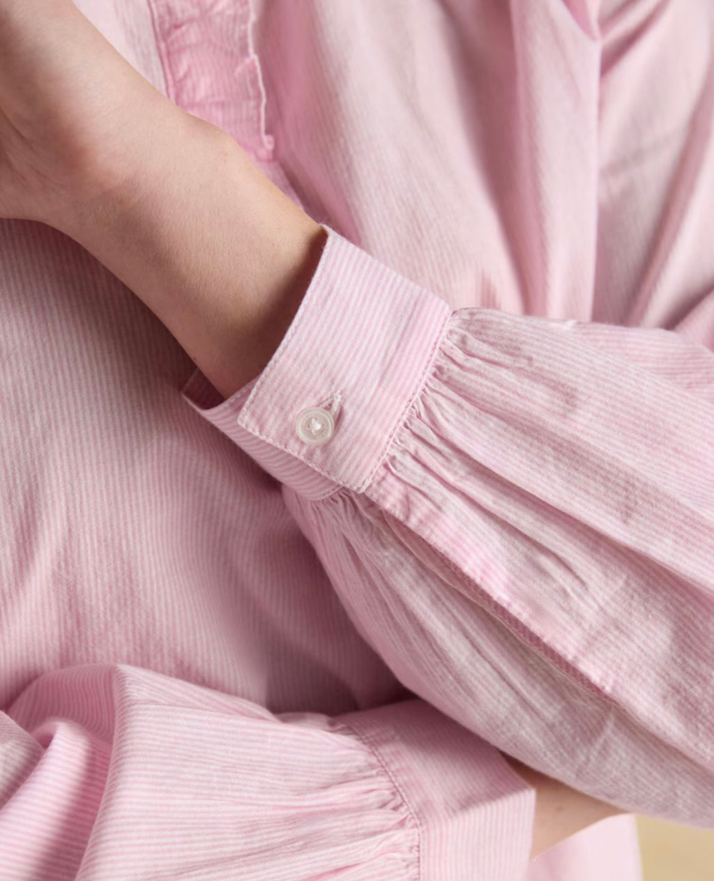 Joules Melanie Pink Long Sleeve Blouse with Ruffle Neck