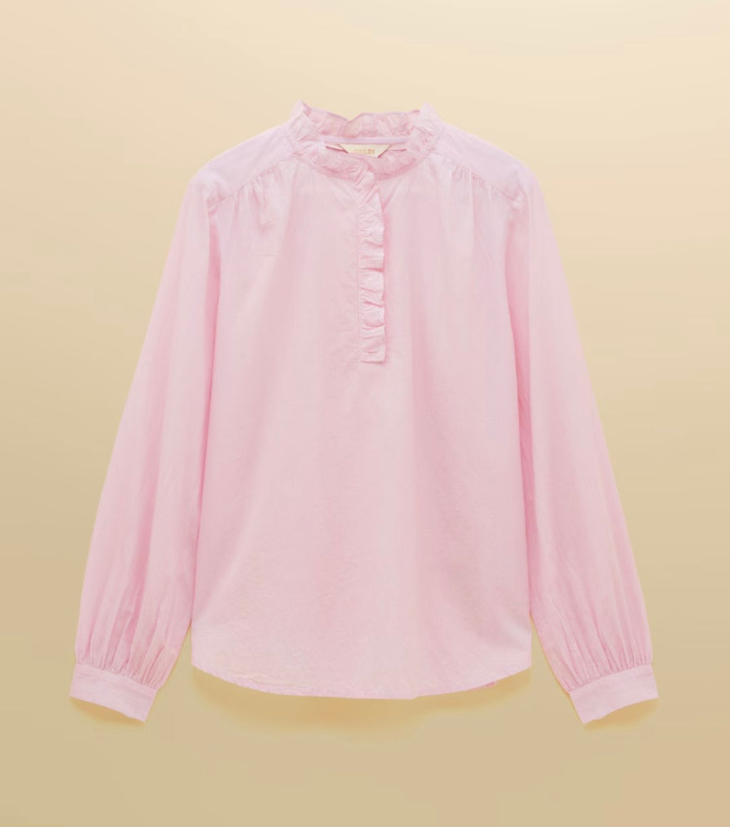Joules Melanie Pink Long Sleeve Blouse with Ruffle Neck